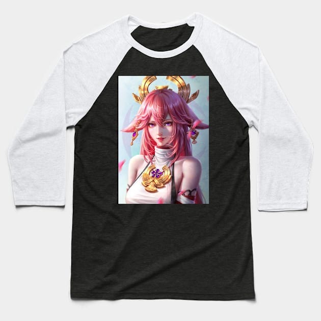 Yae Miko Baseball T-Shirt by JerryLoh Art